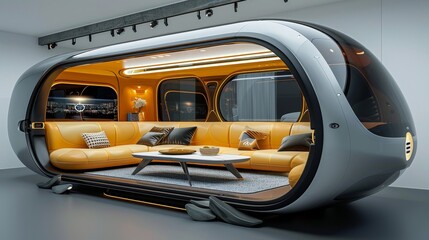 Obraz premium A futuristic space shuttle with a large screen and a view of the ocean