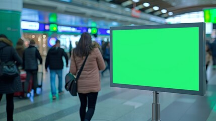 In airport terminal: Green Screen Advertising Billboard, Arrival Display with Chroma Key, Mock-up...