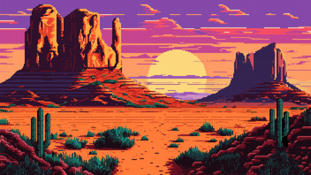 Generative ai wild west western desert and mountains landscape. 8Bit pixel art game scene. 2d Arizona canyon at sunset nature background in pixelated art style, with rocks, red soil and cacti