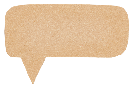 Blank cut out light brown cardboard paper speech bubble of elliptical shape with copy space for text, transparent png background design element