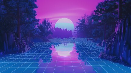 Synthwave landscape with a large moon and a gridded lake in the foreground.