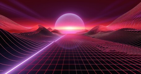 Synthwave landscape with a pink sun and a laser grid.