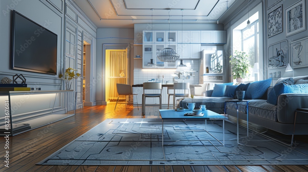 Poster ui of a virtual reality interior design software for constructing living room spaces. interactive ap