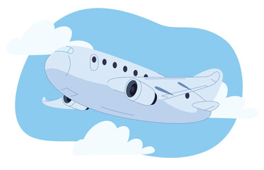 Airplane in cartoon style on the background of the sky. Cute colorful air transport. Beautiful baby illustration. Vector illustration