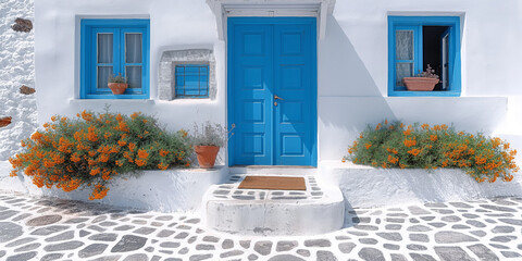 Haus mit einer blauen Tür, weißen Wänden und einem blauen Fenster, griechische Kunst und...