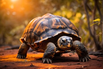 Galapagos Tortoise Professional wild life photography, in forest, sunset bokeh blur background, animals & birds, cinematic, wallpaper