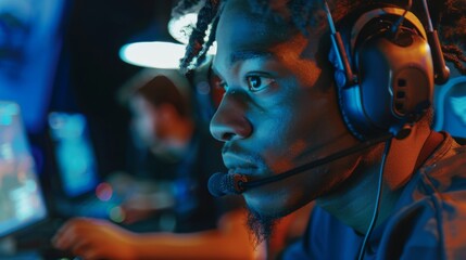 Black professional gamer playing online video game on computer. Close-up portrait of young boy in headphones fighting in PvP tournament with other players, talking on microphone with his team.