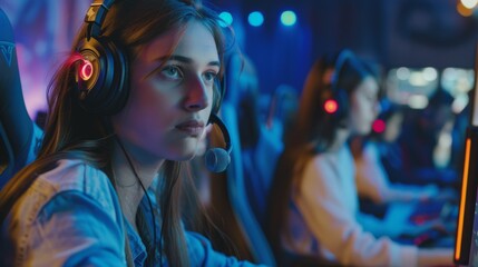 Portrait of Stylish Young Woman in Headphones Playing PvP Tournament with Other Players, Speaking with Team on Microphone while Winning in Online Video Game on Computer.