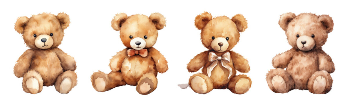 Naklejki Watercolor teddy bear png element set on transparent background
