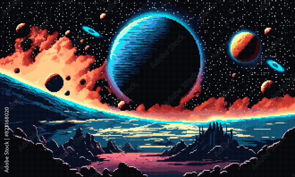 Wall mural generative ai starry galaxy and blue planet surface landscape. 8bit pixel art game scene. retro arca