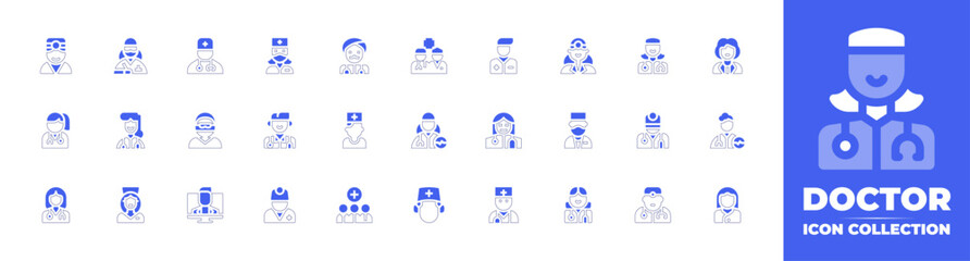 Doctor icon collection. Duotone style line stroke and bold. Vector illustration. Containing doctor, medicalteam, surgeon, nurse.