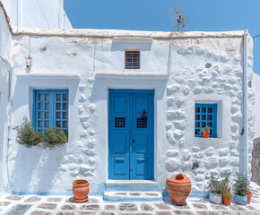 Haus mit einer blauen T&uuml;r, wei&szlig;en W&auml;nden und einem blauen Fenster, griechische Kunst und Architektur, Santorin