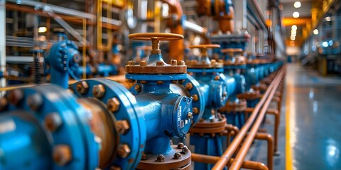 Chemical factory pipes and valves transport chemicals between different areas. Concept Chemical Reactions, Industrial Processes, Material Handling, Safety Protocols, Environmental Impact