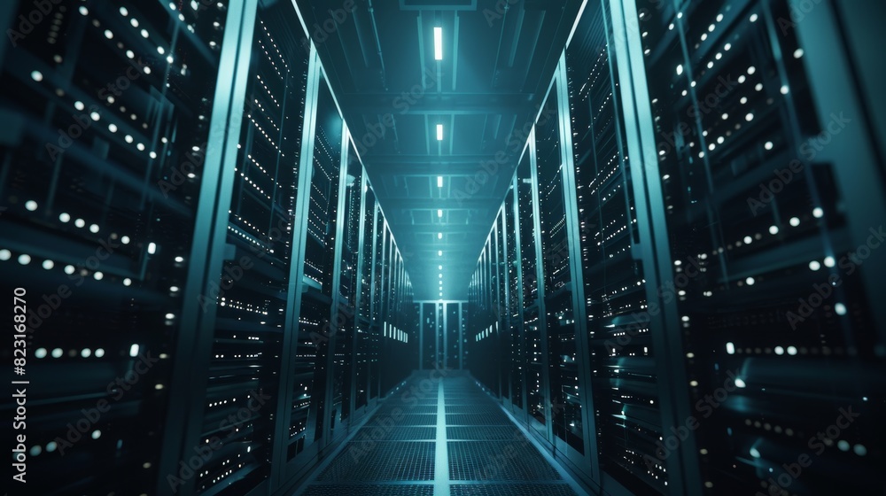 Poster data technology center server racks working in a dark facility. iot, big data, storage, cryptocurren