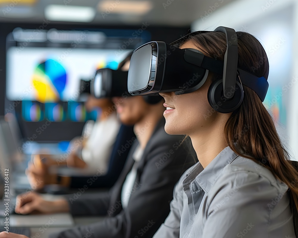 Poster business strategy team utilizing virtual reality for market data and visualization