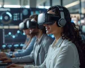 Strategic Team Utilizing Virtual Reality for Market Trend and Data Visualization in Business Planning