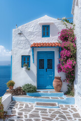 Haus mit einer blauen Tür, weißen Wänden und einem blauen Fenster, griechische Kunst und Architektur, Santorin