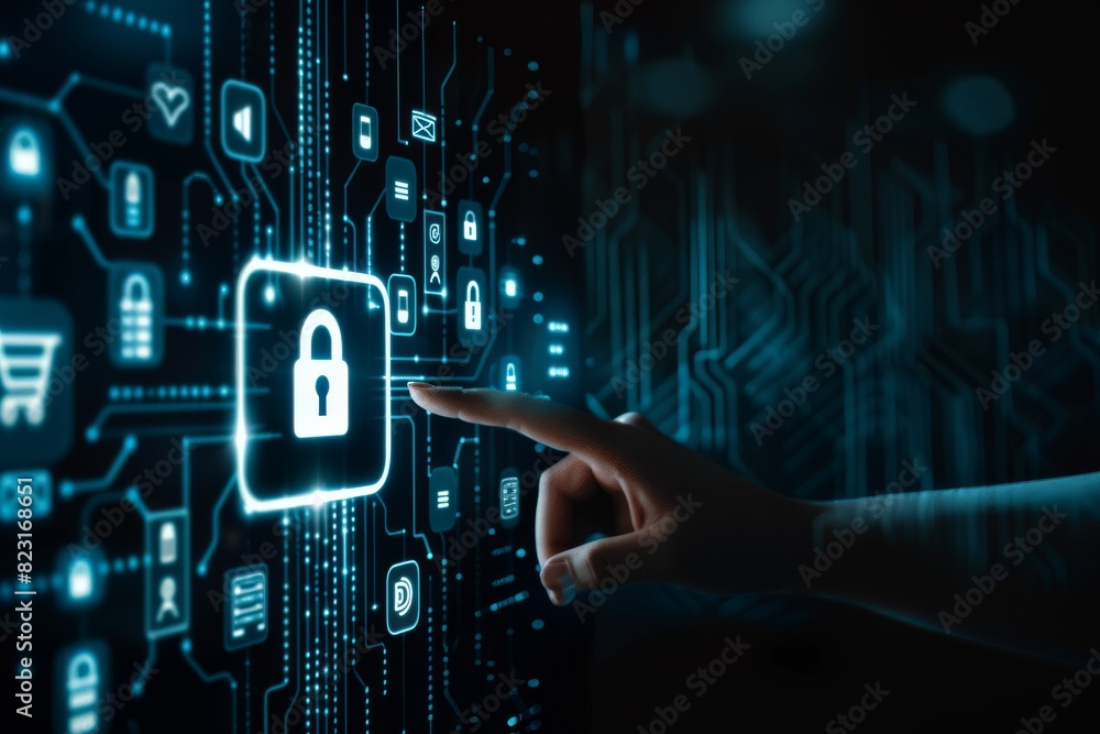 Poster hand interacting with digital security interface and blue network icons