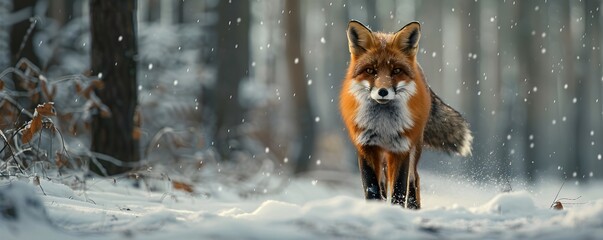 Obraz premium Stealthy Red Fox Hunting in Snowy Winter Forest Landscape