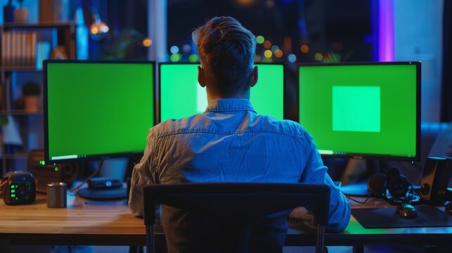 Male Cyber Security Expert in the International Intelligence Agency writes code on six monitors set up with green screen chromakey.