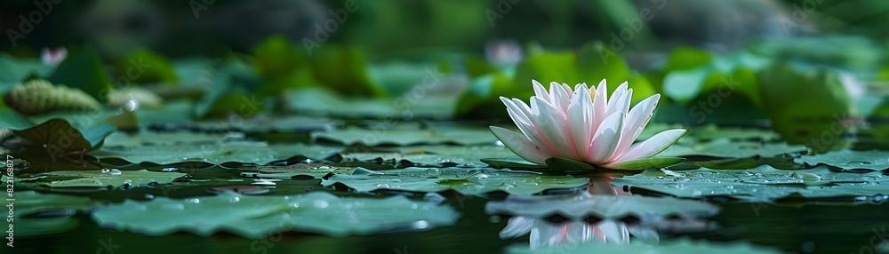 Poster Serene Lotus Pond with Blooming Flowers and Green Lily Pads Peaceful and Calming Natural Photography Concept with Copy Space