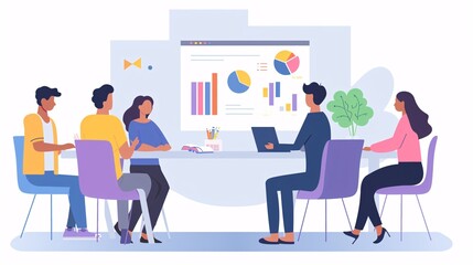 An LGBTQ+ identifying manager instructing a group of employees around a table, using a laptop to show strategic plans and business goals