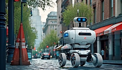 An autonomous robotic surveillance unit navigates a cobblestone street in an urban setting, equipped with blue lights and sensors.. AI Generation