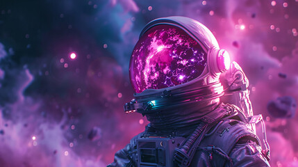 Attractive astronaut on a mission, with a glowing purple space background