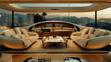 A futuristic vehicle is driving down a road with trees in the background