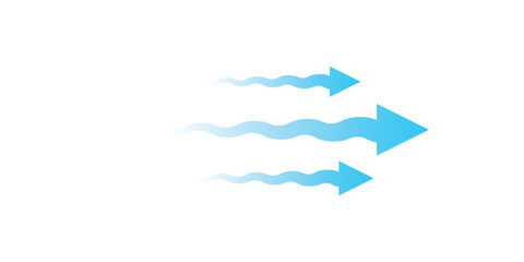 Air flow. Set of blue arrows showing direction of air movement. Wind direction arrows. Blue cold fresh stream from the conditioner, isolated with white background.