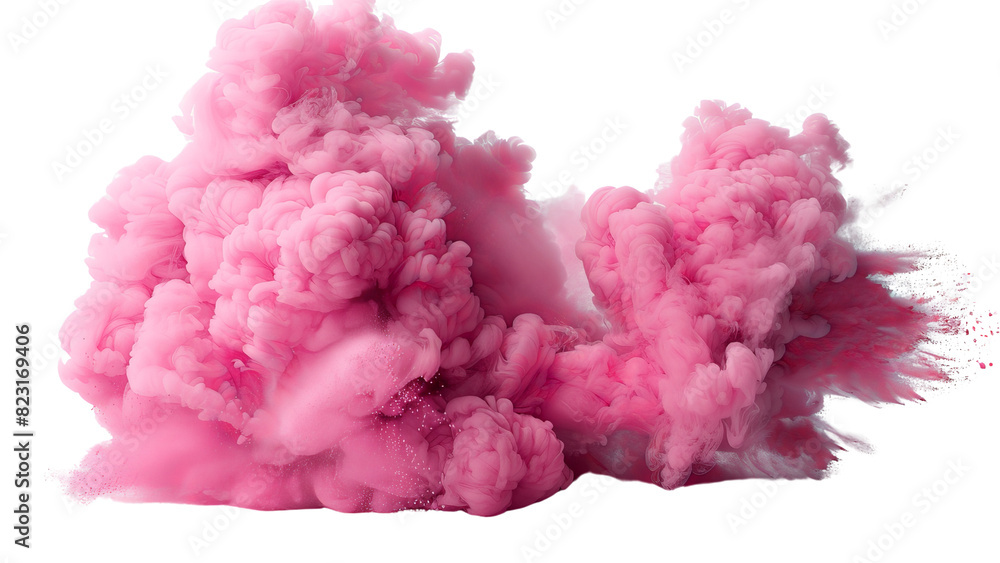 Poster a dynamic splash of pink powder, resembling a cloud of dust or pigment explosion, isolated on a tran