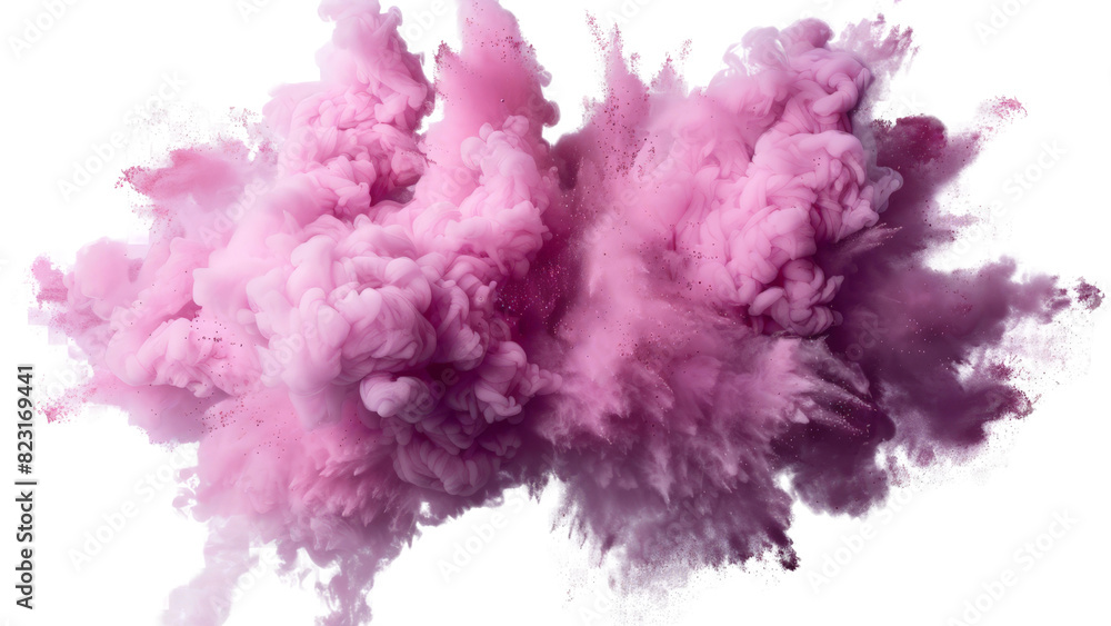 Poster a dynamic splash of pink powder, resembling a cloud of dust or pigment explosion, isolated on a tran