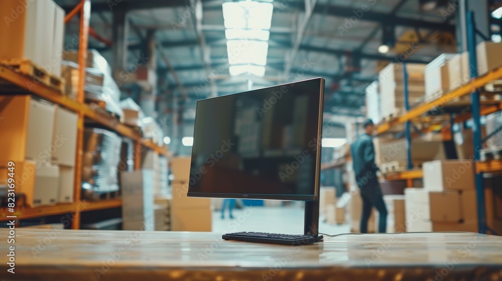 Poster a desktop computer monitor stands on a table with a display. small business warehouse. desk with car