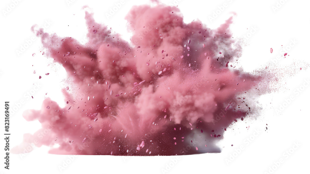 Poster a dynamic splash of pink powder, resembling a cloud of dust or pigment explosion, isolated on a tran