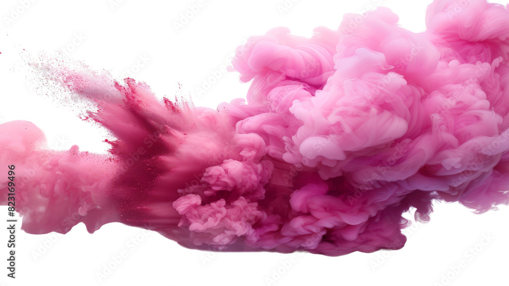 Poster a dynamic splash of pink powder, resembling a cloud of dust or pigment explosion, isolated on a tran