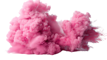 A dynamic splash of pink powder, resembling a cloud of dust or pigment explosion, isolated on a transparent background with particles dispersing around.