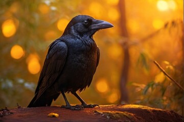 Raven, Professional wild life photography, in forest, sunset bokeh blur background, animals & birds, cinematic, wallpaper