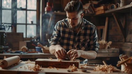 In a loft studio with tools on the walls, a handsome young craftsman shapes a wood bar with a hand plane.