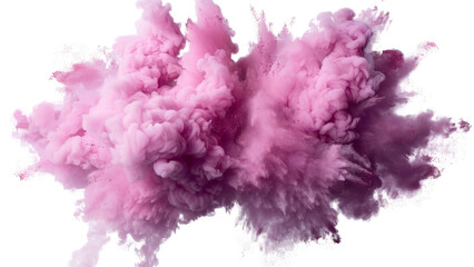 A dynamic splash of pink powder, resembling a cloud of dust or pigment explosion, isolated on a transparent background with particles dispersing around.