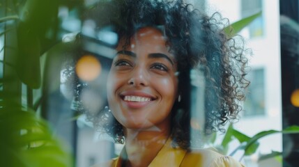 Middle Eastern woman working in marketing agency using personal computer. Cinematic footage through a glass wall of a happy middle eastern manager. - Powered by Adobe
