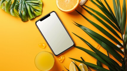 Vibrant Summer Smartphone Mockup with Tropical Fruits and Leaves - Perfect for Stock Photos, Tech Ads, and Blog Posts