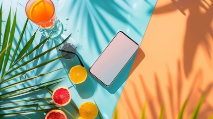 Summer Technology Mockup with Smartphone and Vibrant Tropical Elements - Great for Social Media, Marketing, and Advertisements