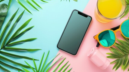 Stylish Summer Mockup with Smartphone on Bright Backgrounds - Ideal for Technology, Marketing, and Social Media Use on Stock Photo Platforms