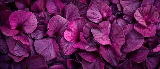 A vibrant and detailed close-up of deep purple leaves, creating a striking and colorful natural background.