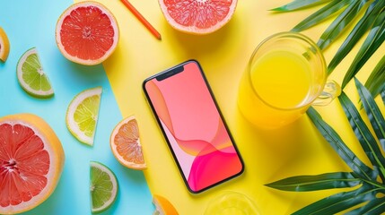 Colorful Summer Smartphone Mockup with Tropical Leaves and Fruits - Ideal for Tech Promotions, Stock Photos, and Lifestyle Content