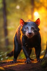 Tasmanian, Professional wild life photography, in forest, sunset bokeh blur background, animals & birds, cinematic, wallpaper