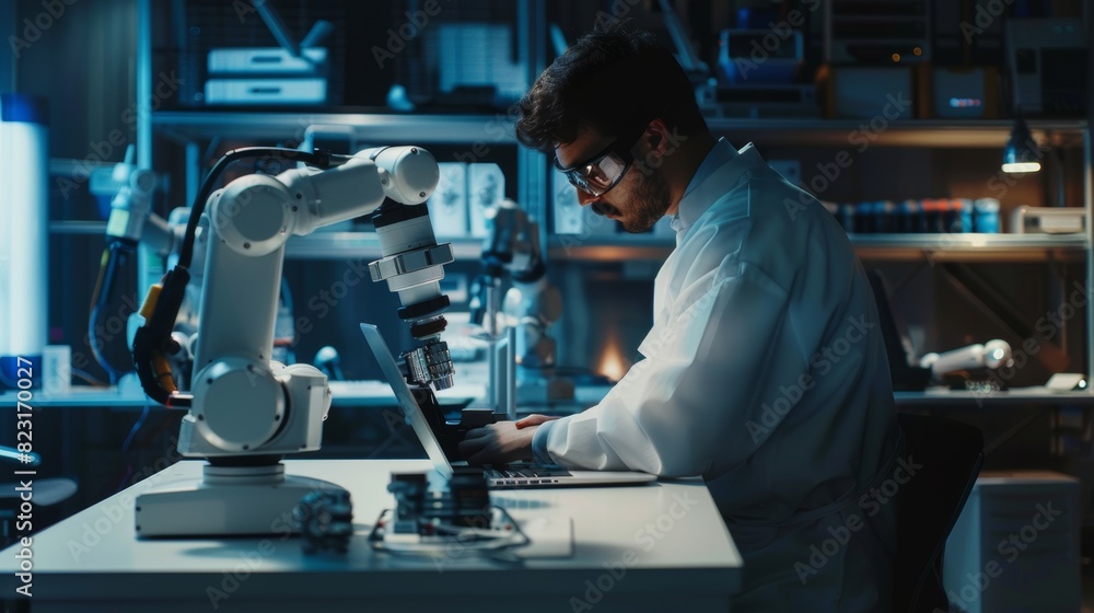 Poster an over-the-shoulder photo of a robotics engineer working with a laptop computer and software operat