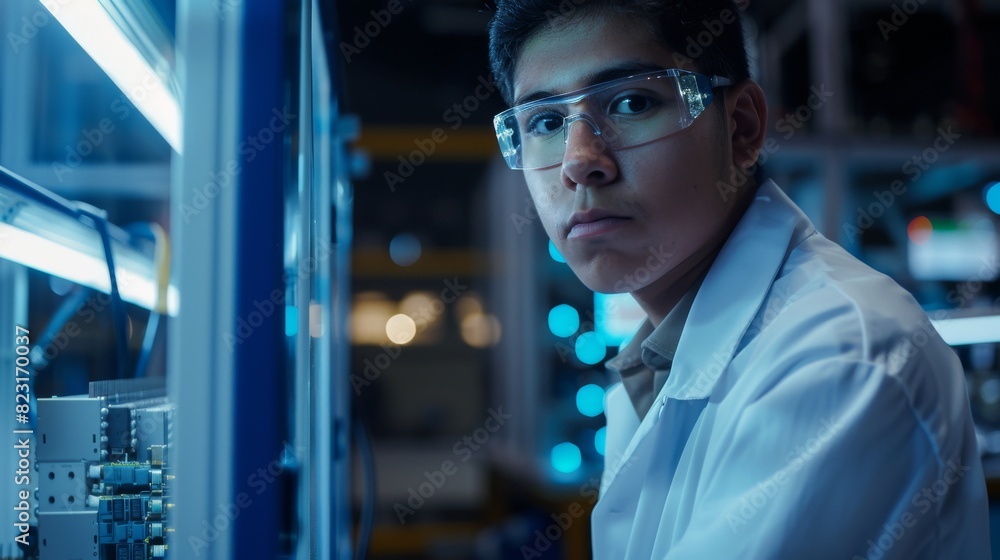 Poster hispanic industrial engineer creating 3d model of circuit motherboard on computer cad software in a 