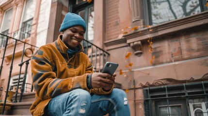 In a Brooklyn style brownstone house, a young African American man is sitting on his windowsill using his smartphone.