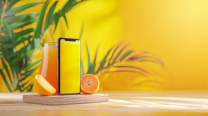Tropical Summer Smartphone Mockup with Refreshing Drinks - Perfect for Technology and Lifestyle Themes on Stock Photo Platforms